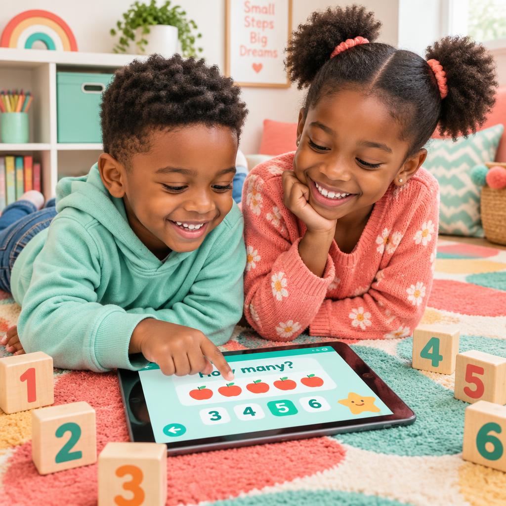 Two children playing a counting game on a tablet