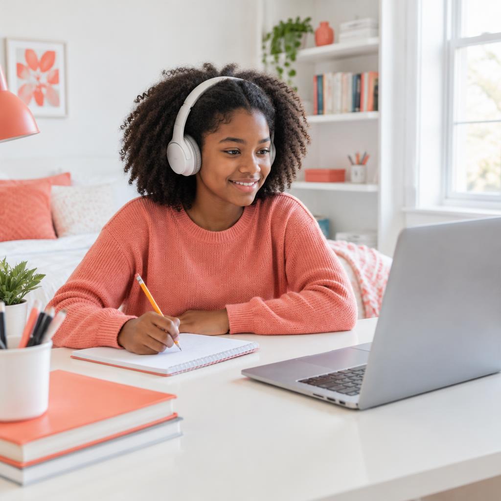 Black teenage learner studying with headphones, a laptop and a notebook